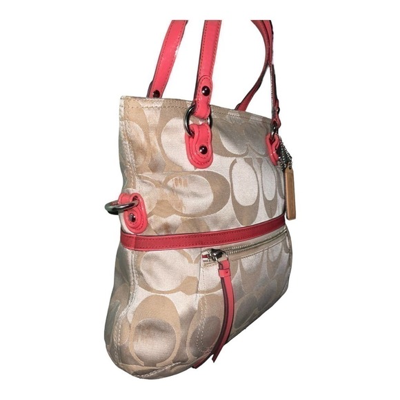 Coach Canvas Signature Horses and Carriage Hobo Tote Bag- Pink/Khaki - Picture 5 of 16